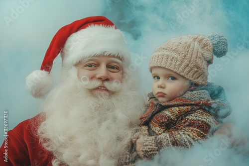 Xmas promotion creative snapshot for poster and online networks use. Cheerful christmas, Ñute child boy contentment with santa claus. Winter magic promotions. Happy festive campaigns. photo