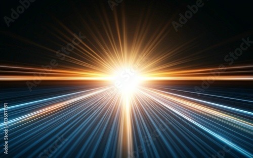 Radiant light beams converging into a bright core, bold black background, collective strength and innovation concept.