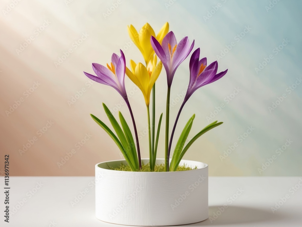 Beautiful crocus flower in a round box on a pastel background Beautiful crocus flower in a round box on a pastel background