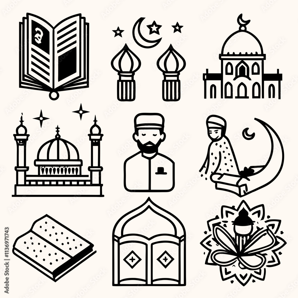 Islamic linear icons, a set of Islamic icons that include (prayer, worship, reading the Qur’an, mosque, Hajj) Islamic linear icons, a set of Islamic icons that include (prayer, worship, reading the Qur’an, mosque, Hajj)