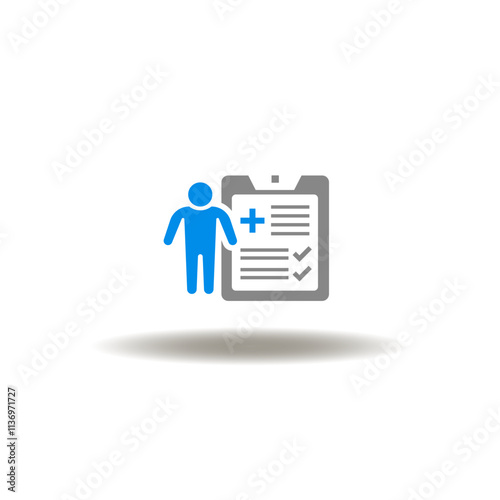 Vector illustration of medical checklist and patient icon. Sign of disease test, control. Pictogram of health exam. Symbol of insurance healthcare.