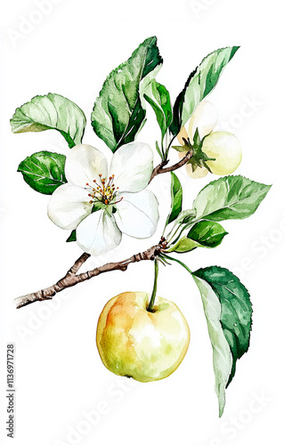 Branch of blossoming apple tree with flowers. Watercolor. Spring concept.