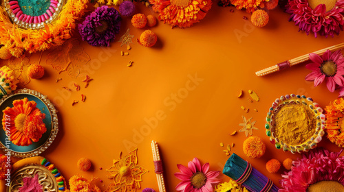 Decorative Navaratri banner showcases dandiya sticks, rangoli patterns, and marigold flowers against a vibrant orange and yellow background photo