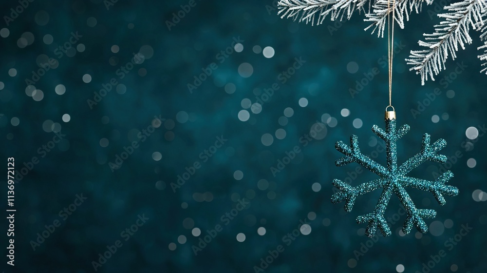 Fototapeta premium Blue snowflake ornament on Christmas tree with Bokeh lights