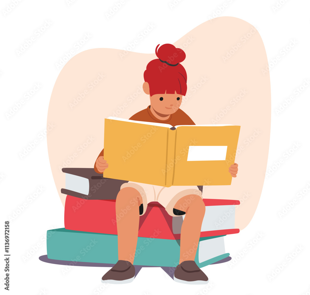 Cute smart girl kid cartoon character reading sitting on stack of huge books enjoying hobby Cute smart girl kid cartoon character reading sitting on stack of huge books enjoying hobby