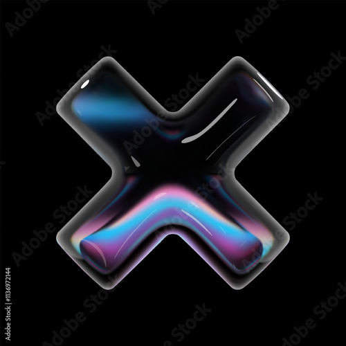 3D glass X shape with holographic reflections, glossy transparent surface. Cross close symbol or wrong mark on black background. Futuristic design element for UI, error icons, digital projects