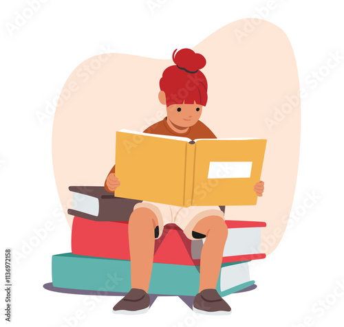 Cute smart girl kid cartoon character reading sitting on stack of huge books enjoying hobby