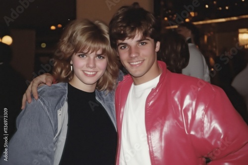 young couple dating assisting to a party in the 1980s  photo