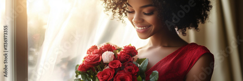 Smiling woman in red dress holding bouquet of roses while celebrating Valentine's Day in cozy indoor setting with soft natural light. Generative AI