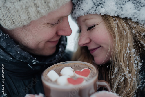 Couple shares a warm moment with hot chocolate on Valentine's Day in a snowy setting. Generative AI