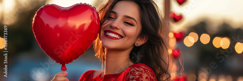 Celebrate Valentine's Day with joy and love as a young woman smiles holding a heart-shaped balloon in a romantic setting at sunset. Generative AI