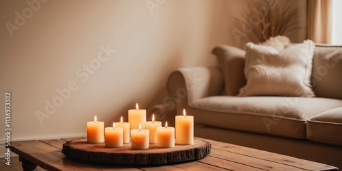 Lit Candles Adorn Coffee Table In Cozy Living Room photo