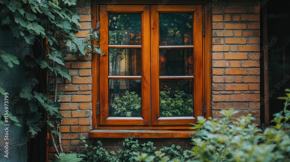 Fototapeta premium Rustic wooden window in brick wall, vines and plants.
