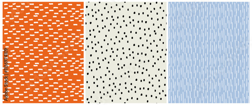 Cute Seamless Childish Vector Patterns. Abstract Hand Drawn Doodle Print. White and Black Spots Isolated on an Orange, Ivory and Pastel Blue Background. Simple Irregular Geometric Pattern. 