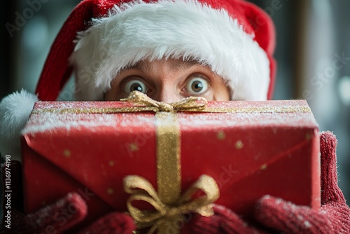 Noel ad concept pic for media and digital use. Mature person man shocked in a red red hat, with parcel. Christmas spirit advertising. Holiday scenes ad. Santa hat campaign. Holiday photo ad.