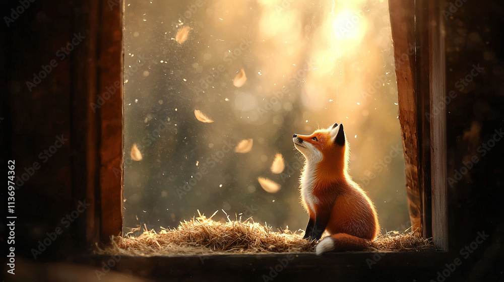 Fototapeta premium A small red fox sits on top of a hay bale, gazing out at the forest's falling leaves