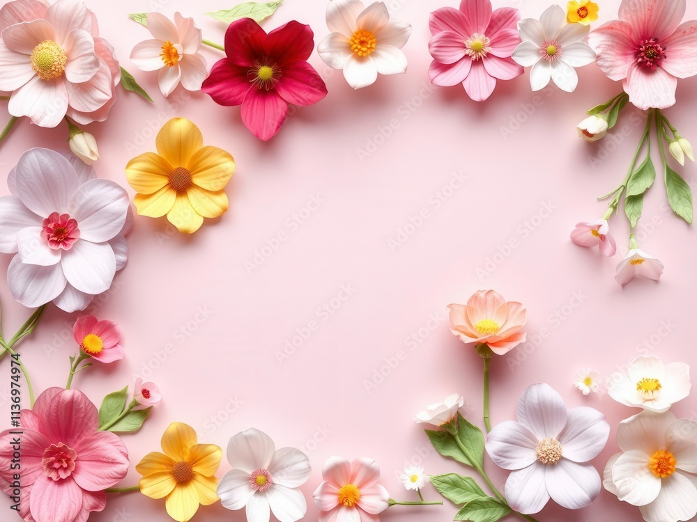 Colorful spring flowers in full bloom arranged on a white paper background, beautiful, paper, botanical Colorful spring flowers in full bloom arranged on a white paper background, beautiful, paper, botanical