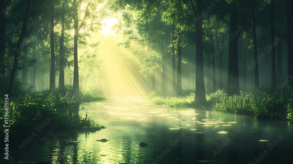 Sunlit Stream Flows Through A Misty Green Forest Sunlit Stream Flows Through A Misty Green Forest