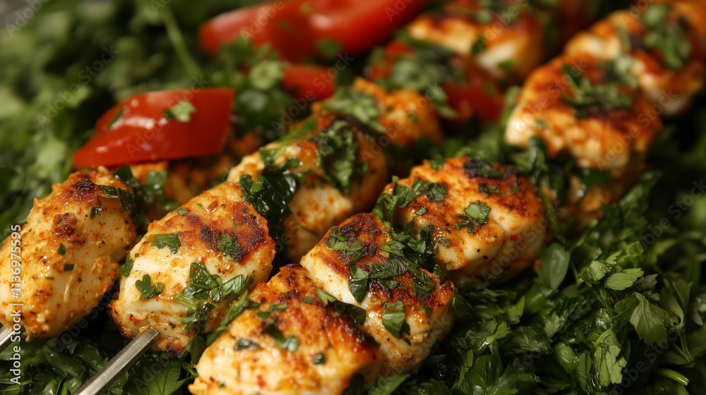 Vibrant Mediterranean Fish Kebab with Fresh Salad and Tahini Vibrant Mediterranean Fish Kebab with Fresh Salad and Tahini