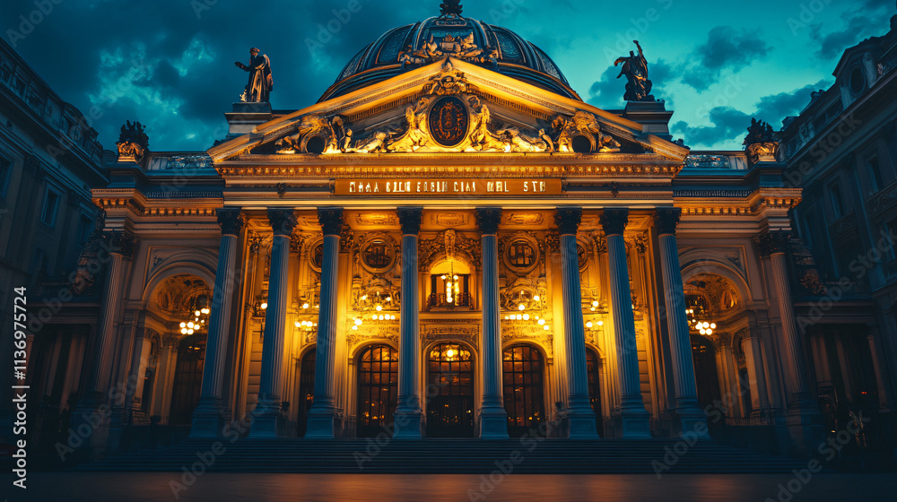 Obraz premium A grand opera house with a domed roof and ornate pillars, its entrance illuminated by evening lights.