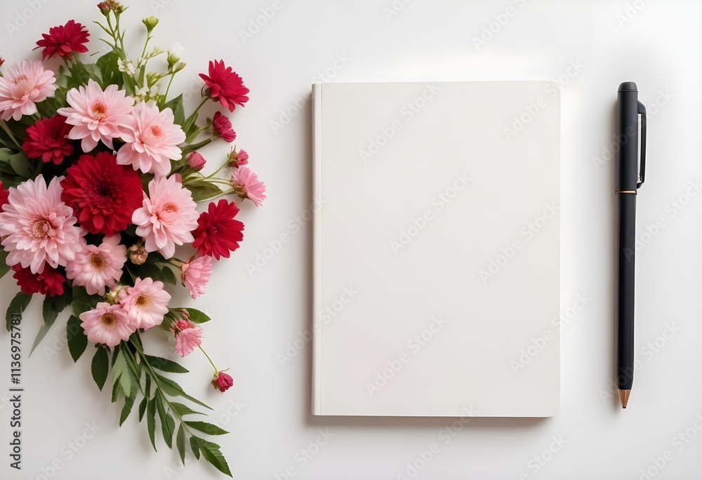 A white book or notebook with a floral arrangement of pink and red flowers next to it on a light background A white book or notebook with a floral arrangement of pink and red flowers next to it on a light background