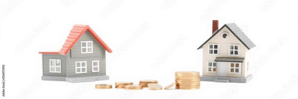 House model with a stack of coins representing mortgage and homeownership concept, real estate, payment, interest House model with a stack of coins representing mortgage and homeownership concept, real estate, payment, interest