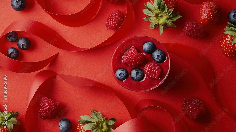 A bowl of strawberries, blueberries, and strawberries on a red surface with wavy paper A bowl of strawberries, blueberries, and strawberries on a red surface with wavy paper