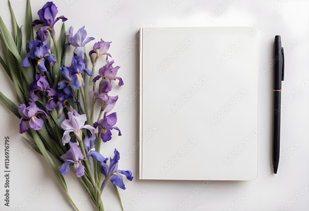 A white book or notebook with a floral arrangement of purple and blue irises next to it on a light background A white book or notebook with a floral arrangement of purple and blue irises next to it on a light background