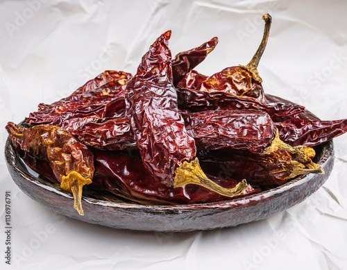 Dried wrinkled chilies floating in the air on a white background.