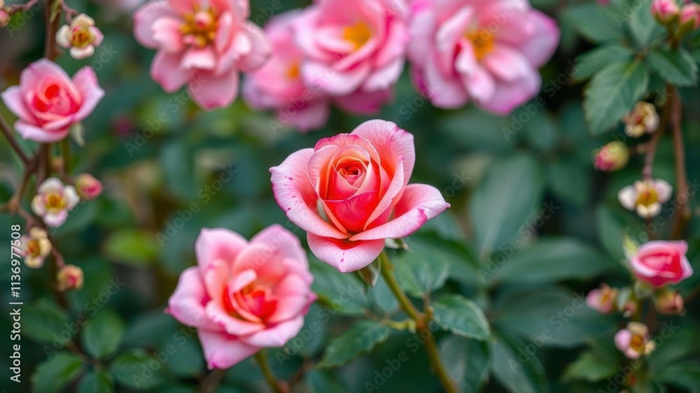 Rose flower arrangement surrounded by lush green leaves, garden, rose Rose flower arrangement surrounded by lush green leaves, garden, rose
