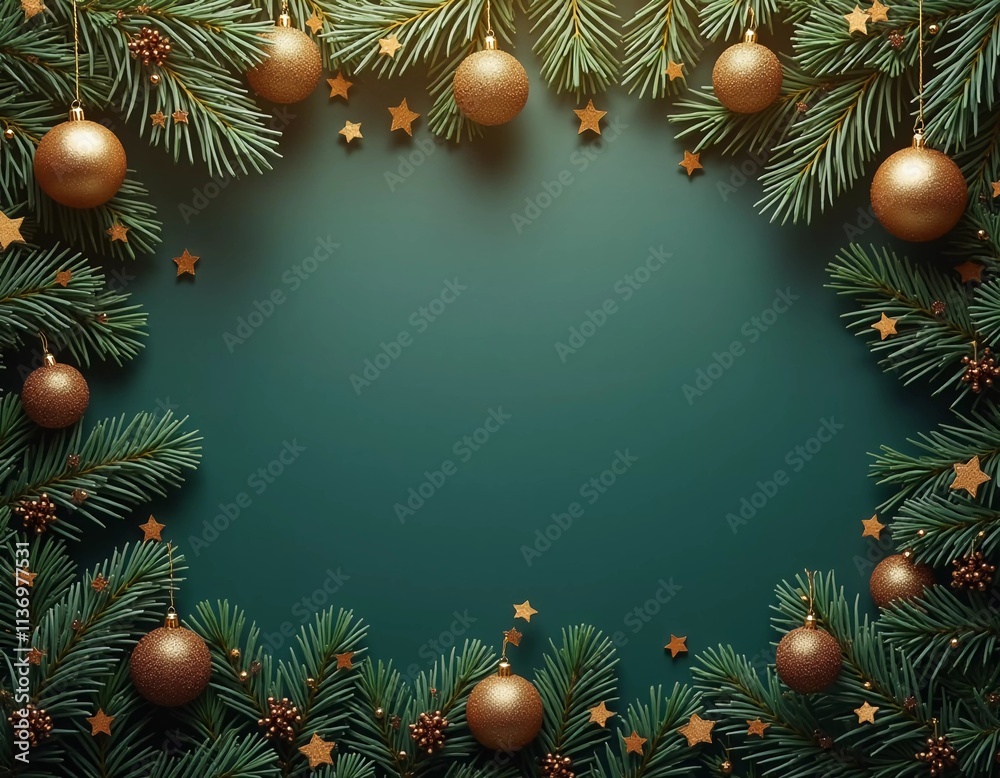 Fir tree branches frame a serene backdrop, adorned with golden ornaments and stars, creating a warm, inviting atmosphere perfect for holiday festivities and celebrations. Generative AI Fir tree branches frame a serene backdrop, adorned with golden ornaments and stars, creating a warm, inviting atmosphere perfect for holiday festivities and celebrations. Generative AI
