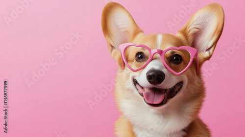 Smiling Corgi dog wearing pink heart-shaped sunglasses on a bright pink background. Fun and playful pet portrait for greeting cards, advertising, and editorial use.