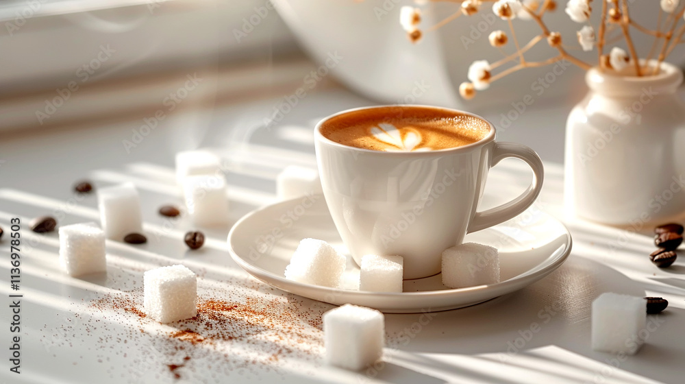 Warm latte art nestled in sunlight with sugar and coffee beans nearby Warm latte art nestled in sunlight with sugar and coffee beans nearby