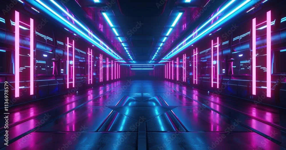 Fototapeta premium A futuristic corridor with vibrant neon lights and reflective surfaces.
