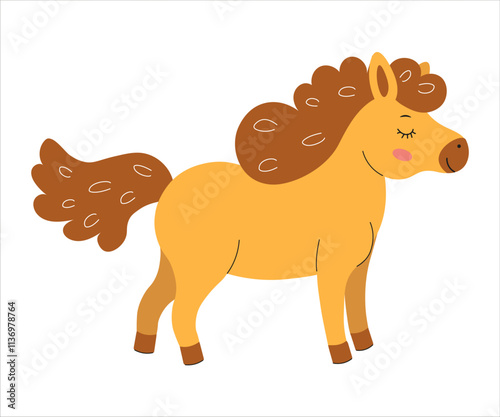 Cute cartoon horse with a wavy mane standing peacefully on a white background