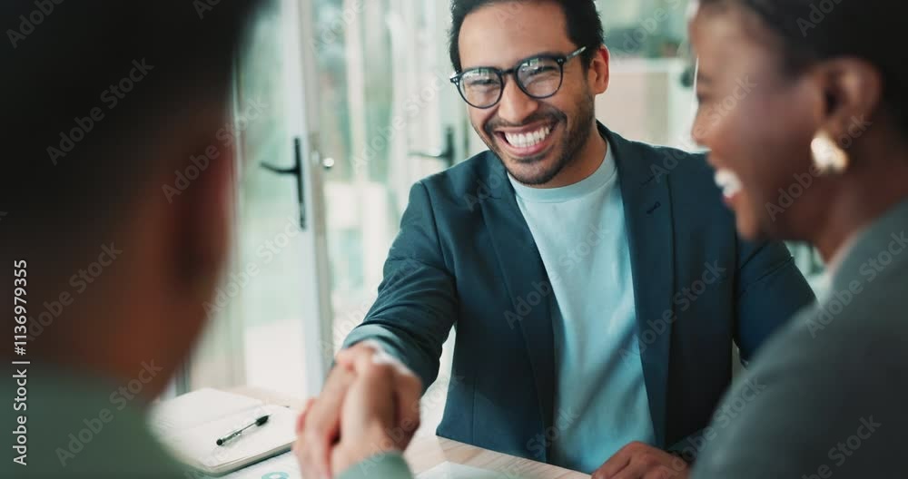 Happy, business people and interview with handshake for hiring, meeting or agreement together at office. Businessman, employees or colleagues shaking hands with smile for b2b, deal or recruiting