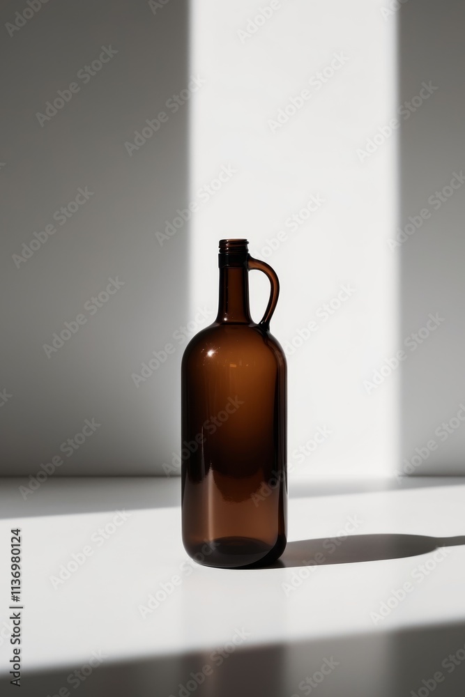 Handle equipped brown glass bottle on white Handle equipped brown glass bottle on white