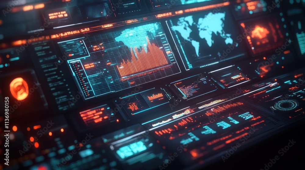 Futuristic digital interface with glowing graphs and world map.