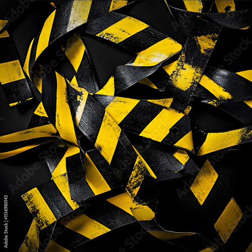 Various strips of black and yellow safety tape on a black background 4k hyperrealist photo