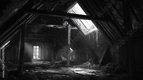 A haunted attic in a long-abandoned farmhouse, where the old wooden beams creak under the weight of unseen presences and the air is thick with dust. photo