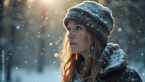 A beautiful female model wearing a knit hat in a snowy landscape