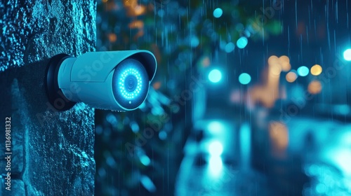 Security camera mounted on tree at night in rain.