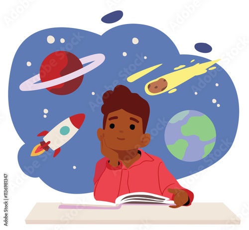 Dreamlike boy cartoon character imagining outer space while reading book about cosmos scene