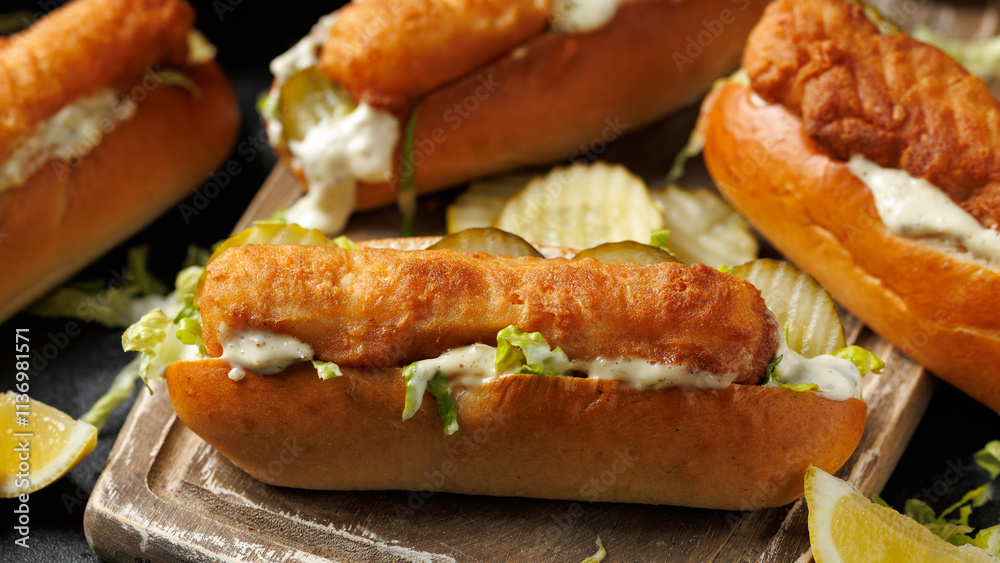 Fish finger hot dogs with gherkin and tartar sauce Fish finger hot dogs with gherkin and tartar sauce