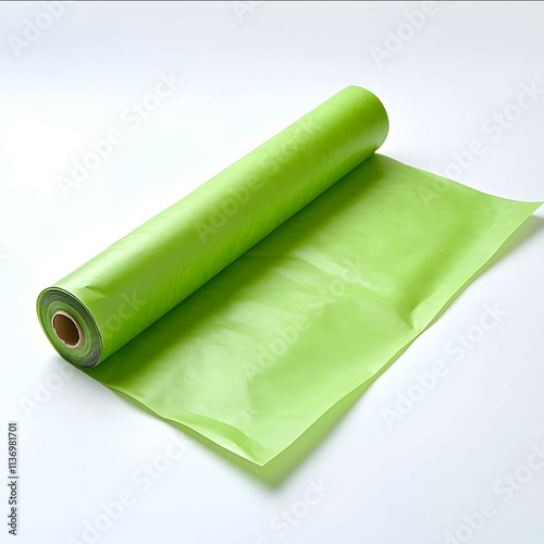 Real image natural light real world propotions Full size roll of green wrapping paper semi open White background photo