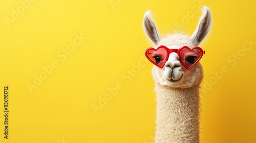 White llama wearing red heart-shaped sunglasses on a vibrant yellow background. Perfect for Valentine’s Day, greeting cards, advertising, and creative designs. 