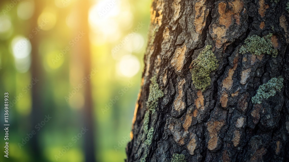 Obraz premium Close-up of tree bark texture with sunlit forest background.