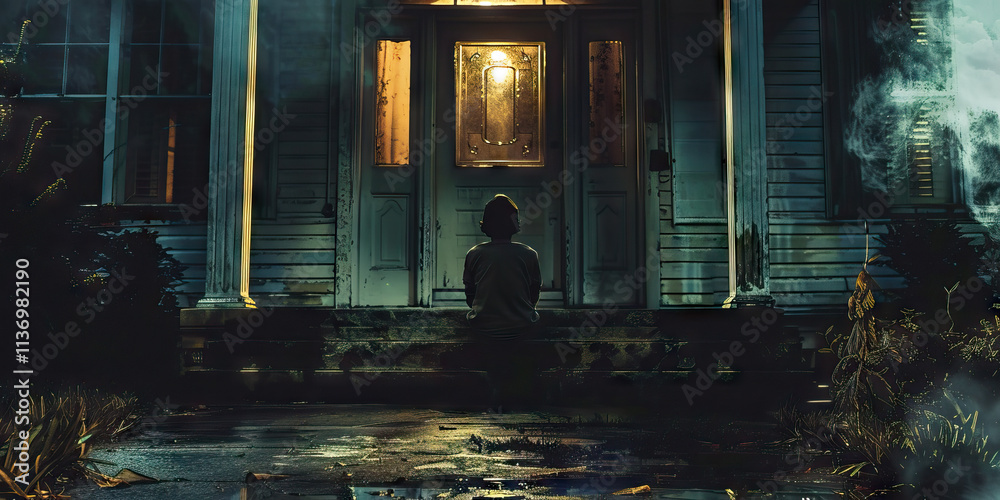 Person Seated on Porch Steps of Night-Lit House Person Seated on Porch Steps of Night-Lit House