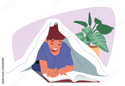 Cute little child cartoon character reading paper book hiding under blanket in home bedroom