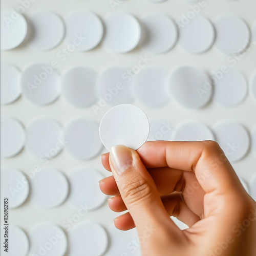 Holding white small Circle label sticker in one sheet for printing in white background photo